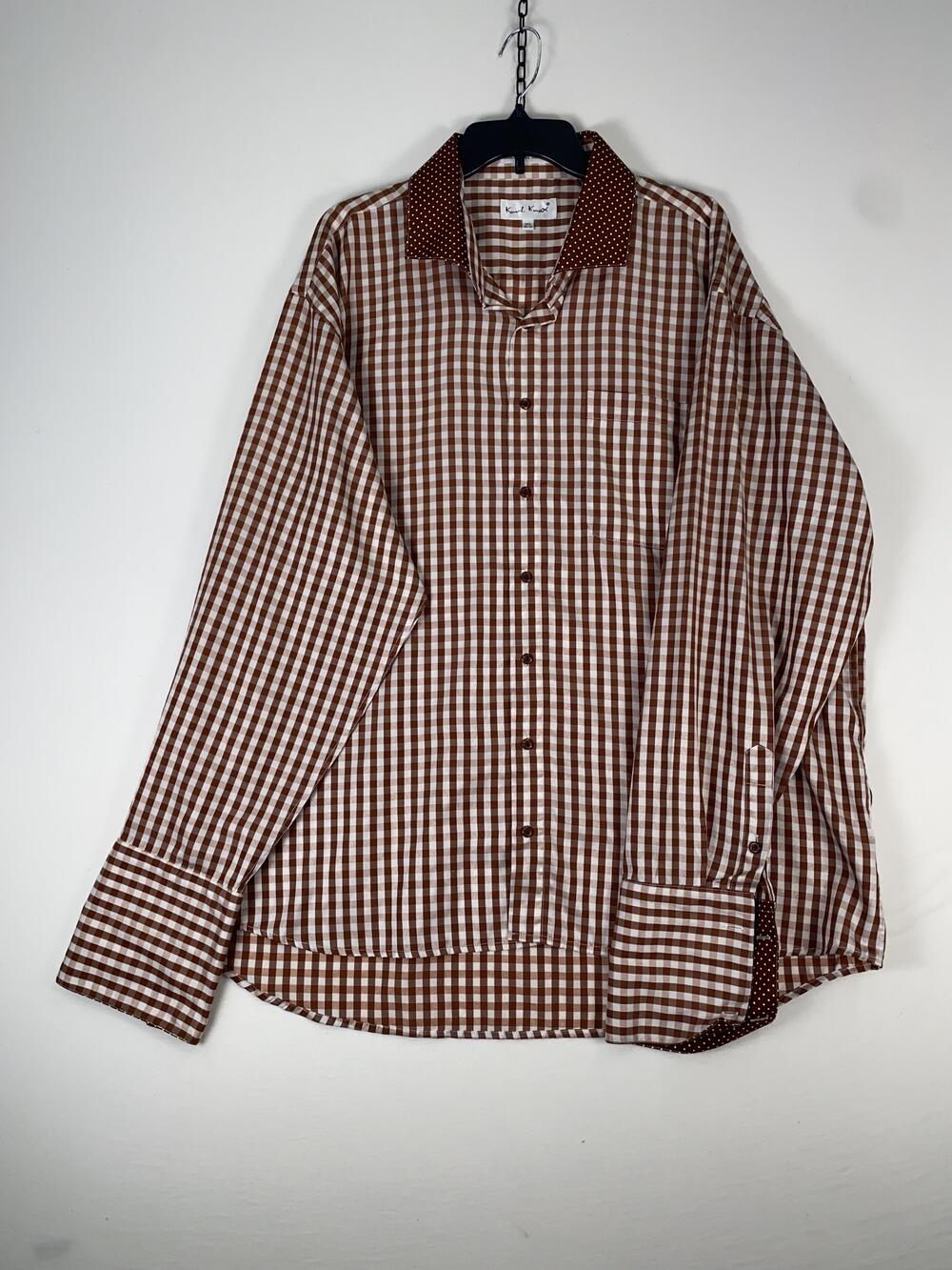 Karl Knox Dress Shirt Mens 19.5 36/37 Brown Gingham Long Sleeve Button Down